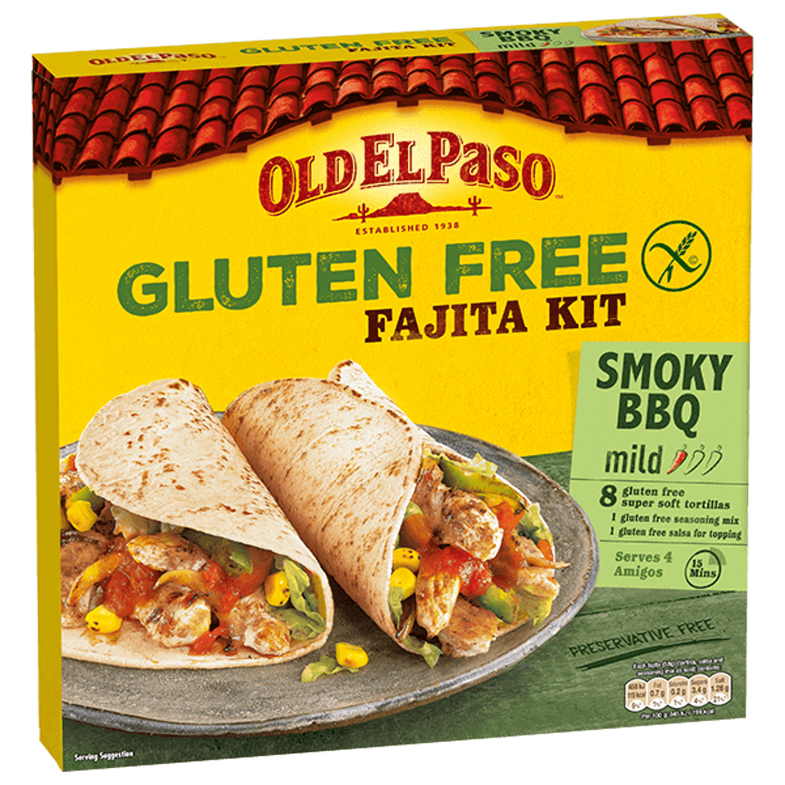 pack of Old El Paso's gluten free mild fajita kit containing gluten free soft flour tortillas, seasoning mix & salsa (462g)